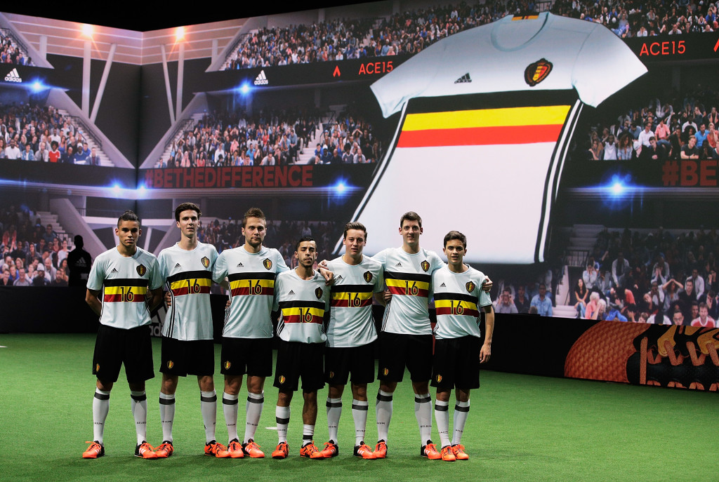 PARIS, FRANCE - NOVEMBER 12: Creators reveal the adidas Belgium away kit for the UEFA 2016 Euro Championship(TM) at the World's first digital stadium, The Future Arena on November 12, 2015 in Paris, France. (Photo by Adam Pretty/Getty Images)