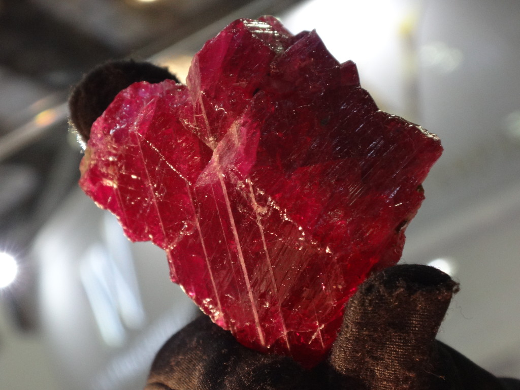 An assistant holds up the ruby.