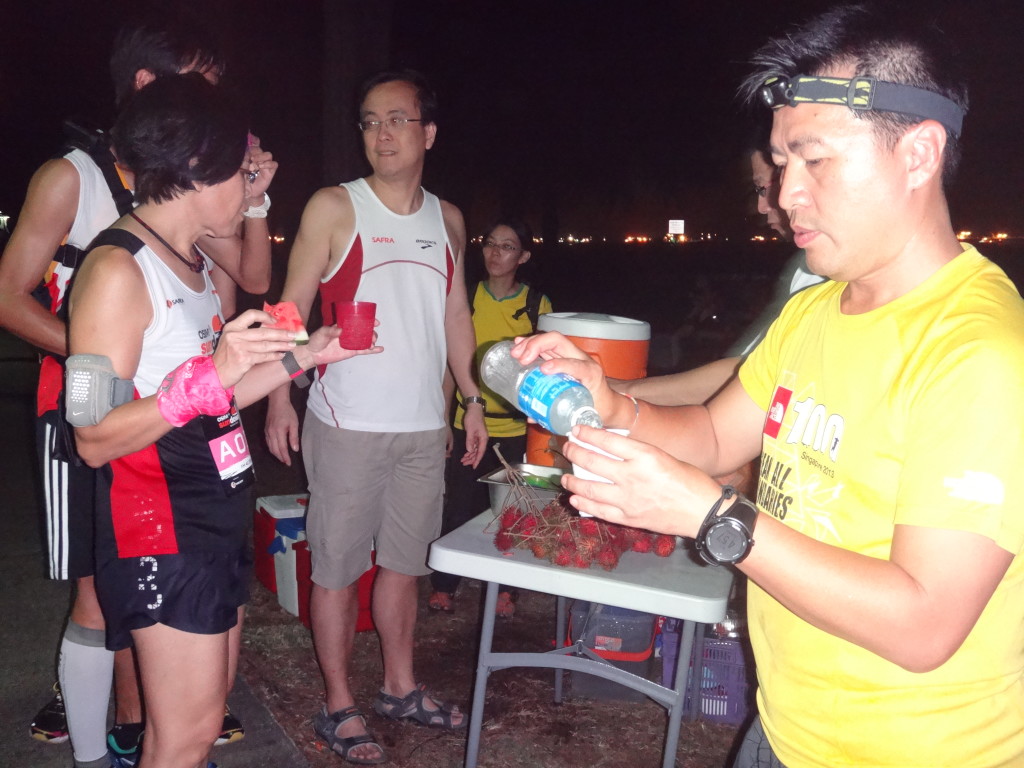 Running groups provided isotonic beverages and food to exhausted runners.