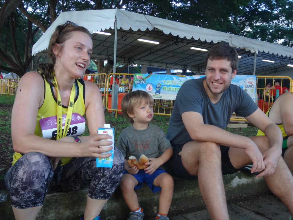 A family chills out after the run.