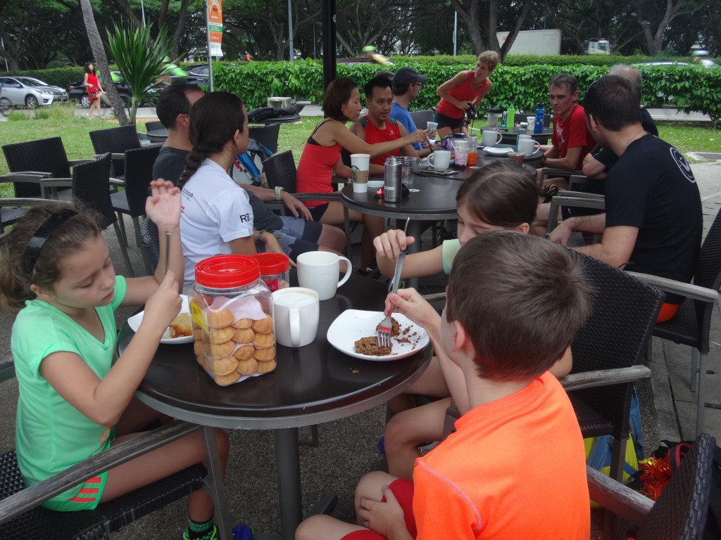 Runners of all shapes and sizes chill out at Starbucks after the run.