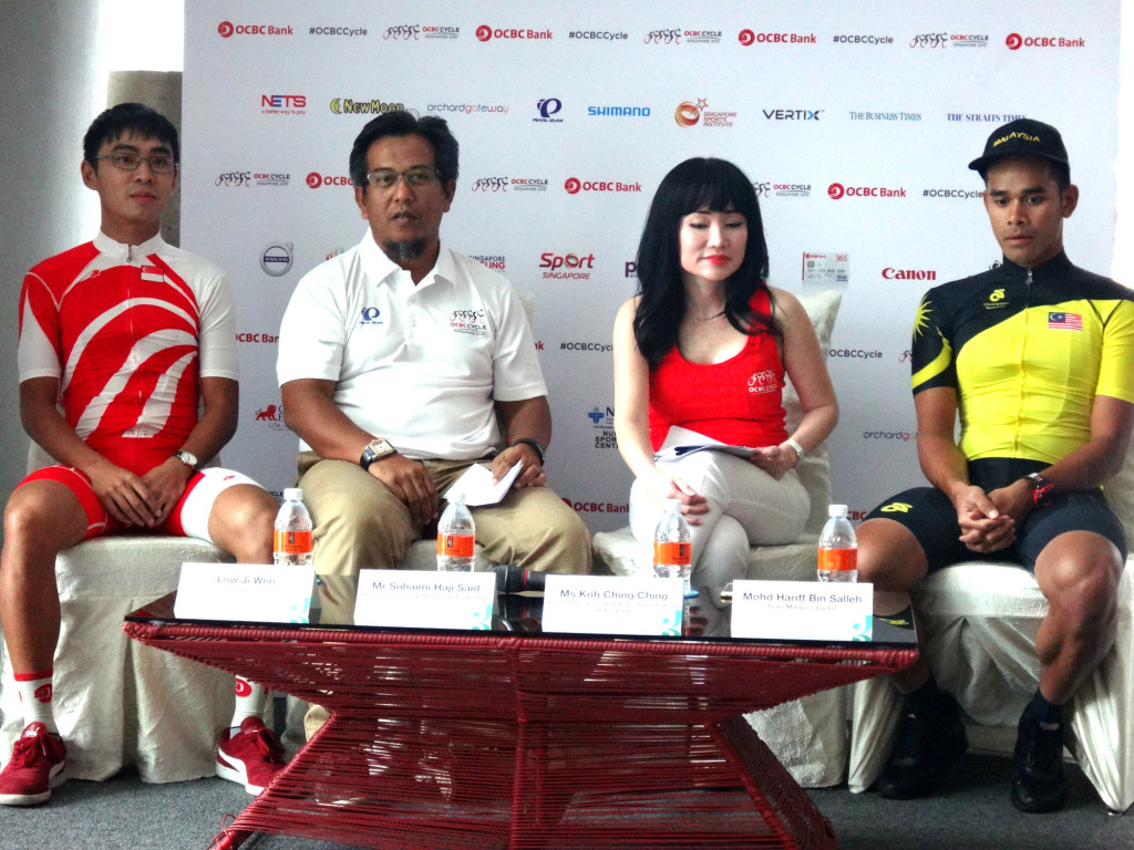 Speaking at the official OCBC Cycle 2015 Press Conference were the panel consisting of Team Singapore cyclist, Low Ji Wen (extreme left), Mr Suhaimi Haji Said, President of Singapore Cycling Federation (second from left), Ms Koh Ching Ching, Head of Group Corporate Communications OCBC Bank (second from right), and Mohd Hariff Bin Salleh, Team Malaysia Cyclist (extreme right).