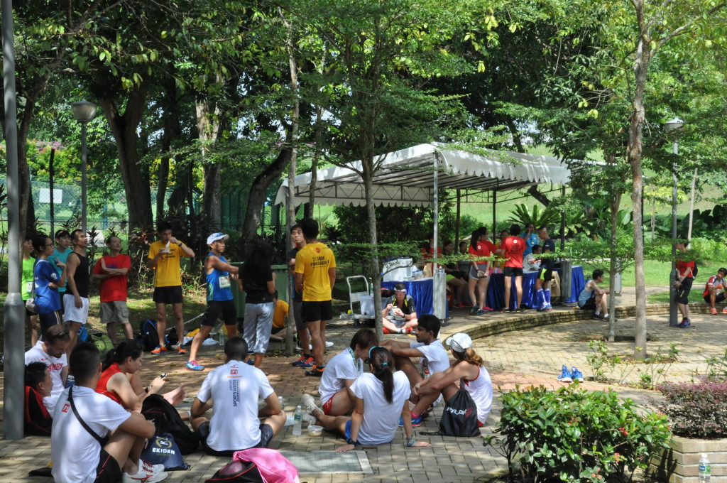 Runners are resting at the race village.