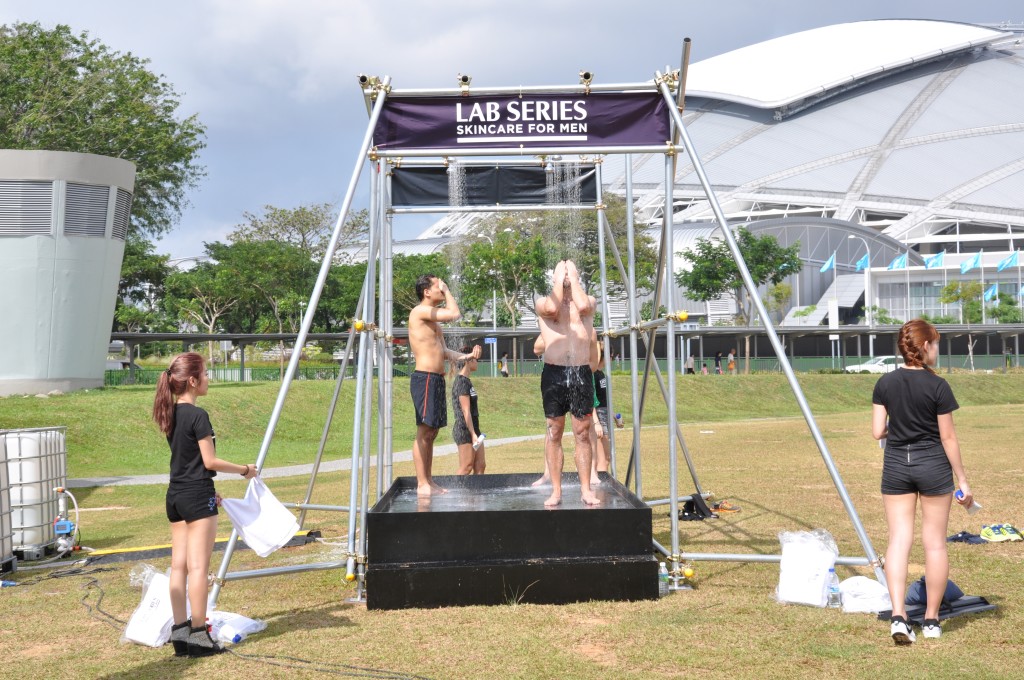 Participants showering after the race.