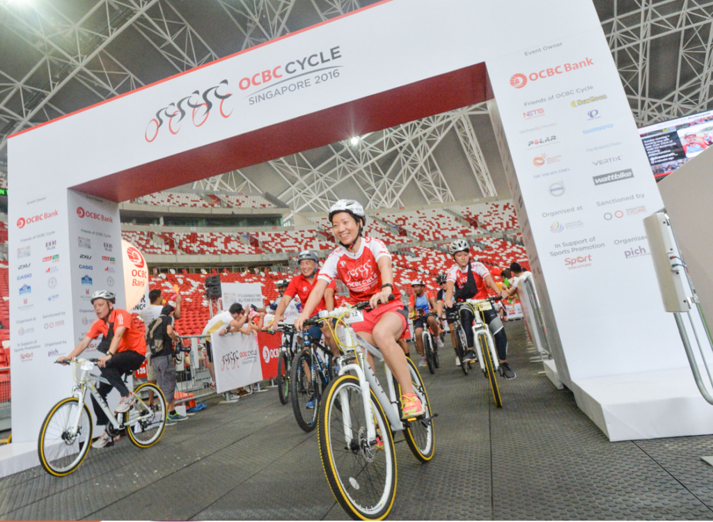  Grace Fu, Minister for Culture, Community and Youth, pedals in at the end point of OCBC Cycle 2016 at the National Stadium. She took part in the 23km Straits Times Ride. (Photo Credit: OCBC Cycle)