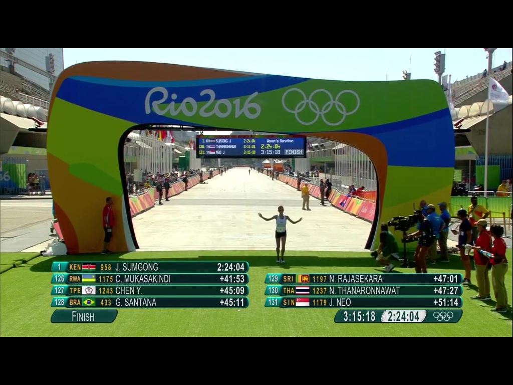 Singapore's Neo Jie Shi crosses the finishing line at the Olympics Marathon.