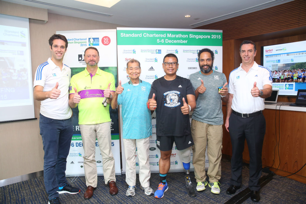 From left to right: Thibaut Vellard, Marketing Director of Spectrum Worldwide, Stuart Francis, Mr Chan Meng Hui (Singapore's oldest marathon runner), Shariff Abdullah (Blade Runner), Ranjith Vijayan and Chris Robb, CEO of Spectrum Worldwide, organiser of SCMS. (Photo credit to SCMS)