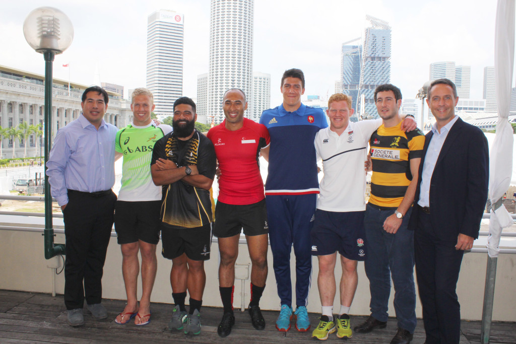 A group photo of the SCC 7s Team Captains. (From extreme left to right) Jonathan Leow, Chairman of the SCC International Rugby 7s Organising Committee, Kyle Brown, Captain of SA Sevens Academy, Will Hafu, Captain of Penguins, Daniel Marc Chow, Captain of Singapore National Team, Pierre Reynaud, Captain of France Development Team, John Brake, Captain of England Development Team, Ben Turner, Captain of SCC Team, and Arnaud Lhoste, Head of Global Markets Sales, Societe Generale, Southeast Asia. (Photo Credit: Singapore Cricket Club)