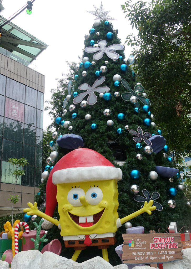 Enjoy the snow with Spongebob and the Christmas tree.